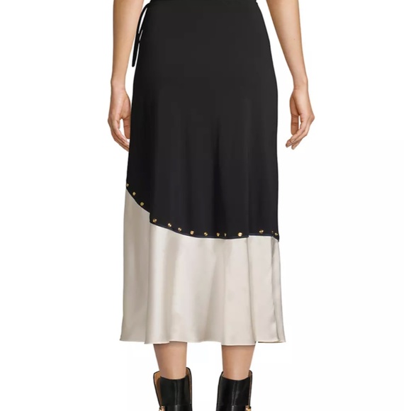 NWT Tory Burch mixed material black white silk wrap skirt midi maxi demure sz L - Picture 2 of 16